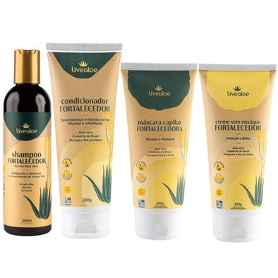 Kit Fortalecedor com Shampoo, Condicionador, Máscara Capilar e Creme Sem Enxágue - Livealoe