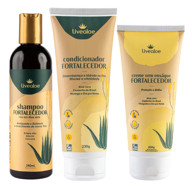 Kit Fortalecedor com Shampoo, Condicionador e Creme Sem Enxágue - Livealoe