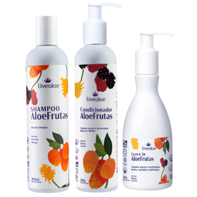 Kit Cabelos Secos ou Cacheados Shampoo, Condicionador e Leave-in Aloe Frutas - Livealoe