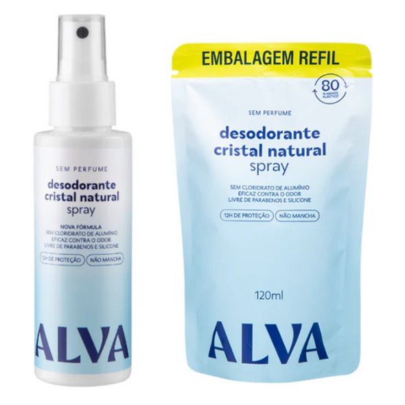 Kit Desodorante e Refil Spray Cristal Natural Sem Perfume - Alva