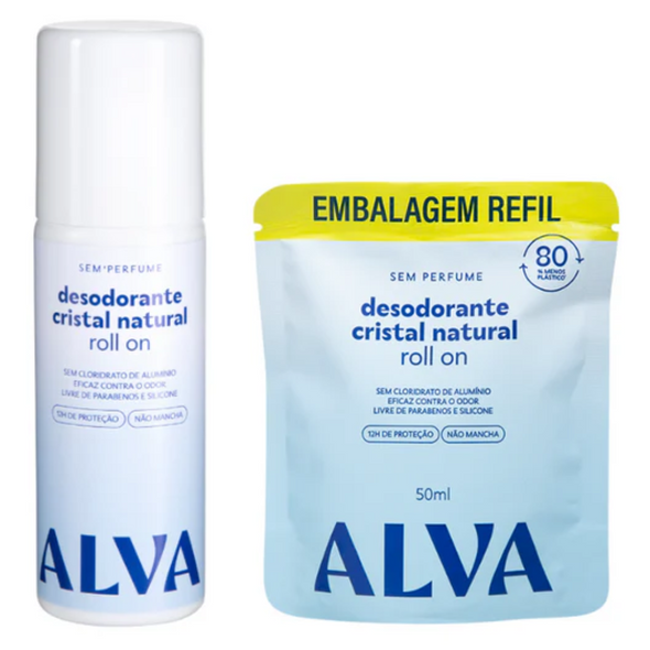 Kit Desodorante e Refil Roll On Cristal Natural Sem Perfume - Alva